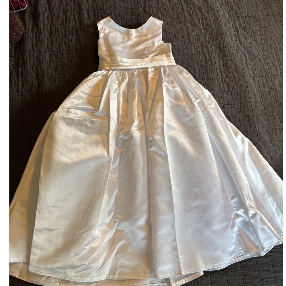 MISSACC White Satin A-Line Flower Girl Dress Scoop Neck Bow US 2 - Picture 6 of 7